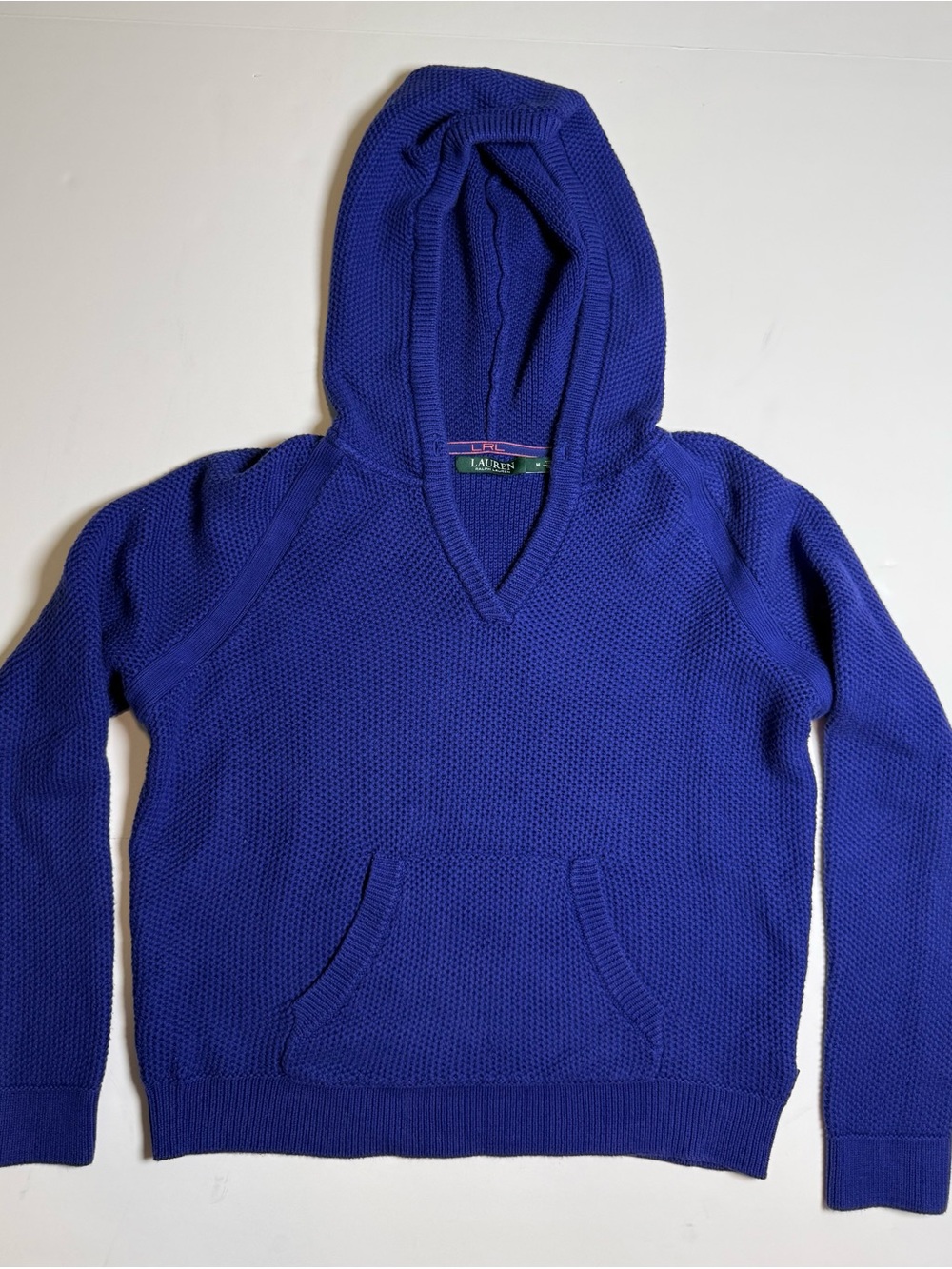 Lauren Ralph Lauren Women's V-Neck 100% Cotton Waffle-Knit Hooded Sweater M